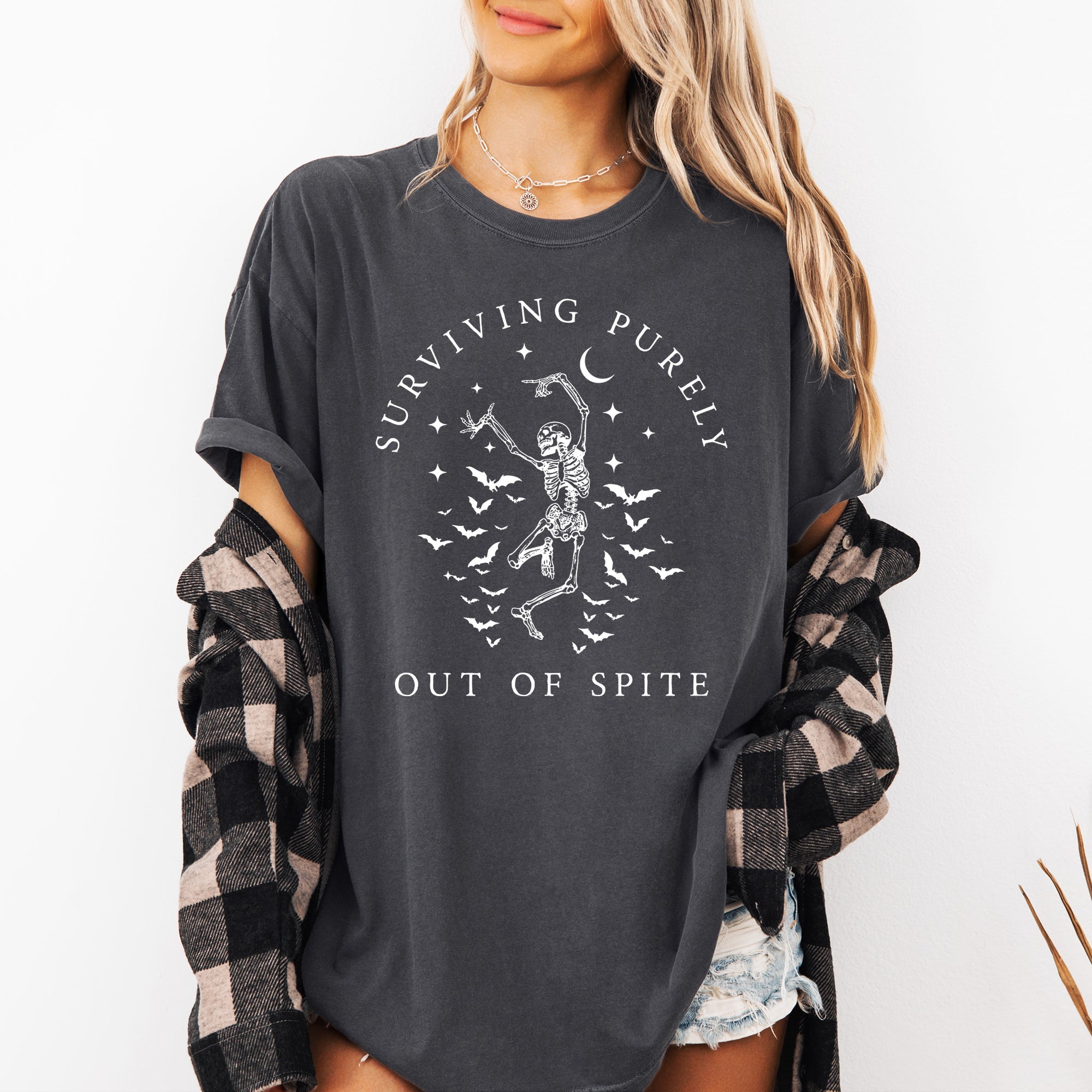 Surviving Purely Out Of Spite Skeleton Bats Halloween Spooky Dancing Comfort Colors Tee