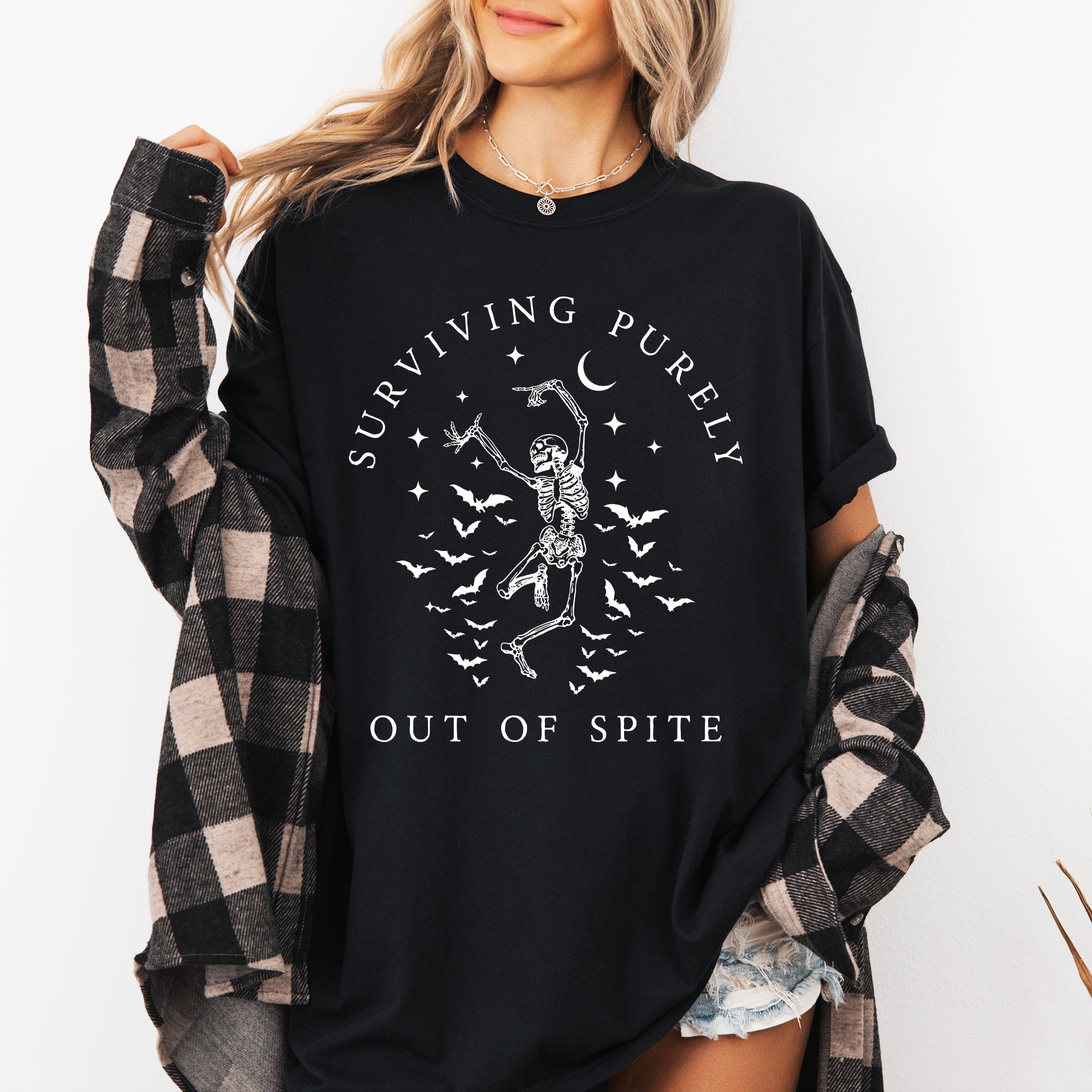 Surviving Purely Out Of Spite Skeleton Bats Halloween Spooky Dancing Comfort Colors Tee