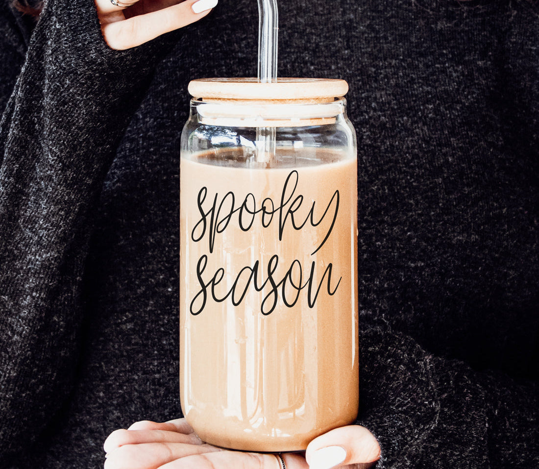Hocus Pocus I Need Coffee 20oz Glass Tumbler Bamboo Lid 2 Stainless Straws